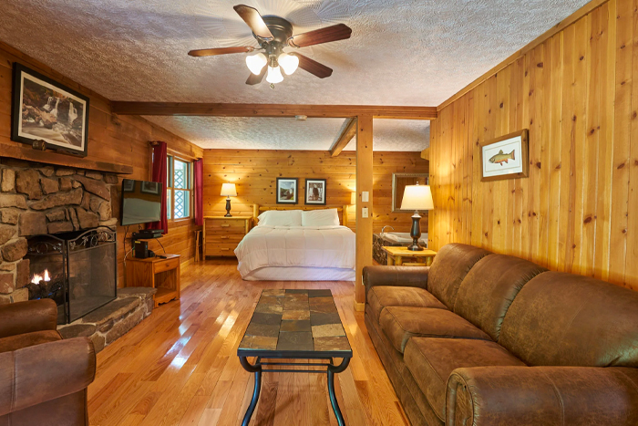 Interior of a one bedroom log cabin in West Virginia.